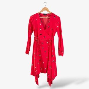 Intermix Josie Red Floral Silk Dress Size 6 Handkerchief Hem Side Tie Ruched